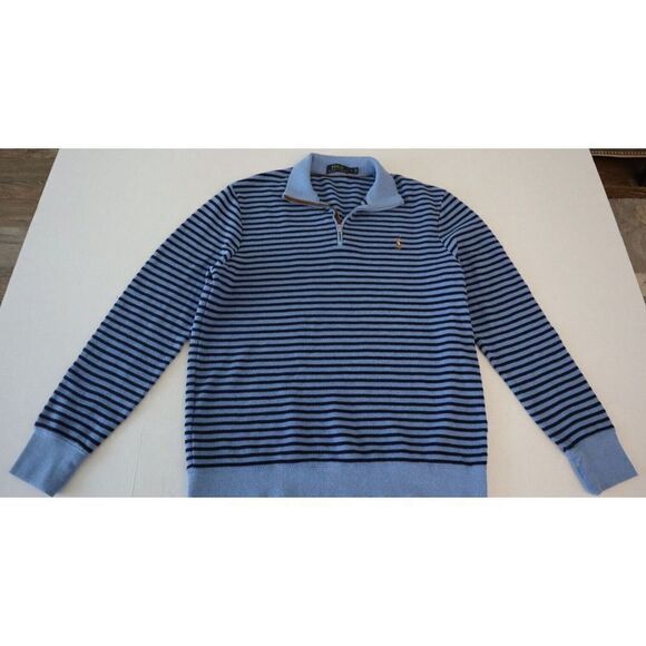 Polo Ralph Lauren Men Sz L Royal Blue Striped Knit 1/4 Zip Pullover Sweater $165 - Picture 1 of 7